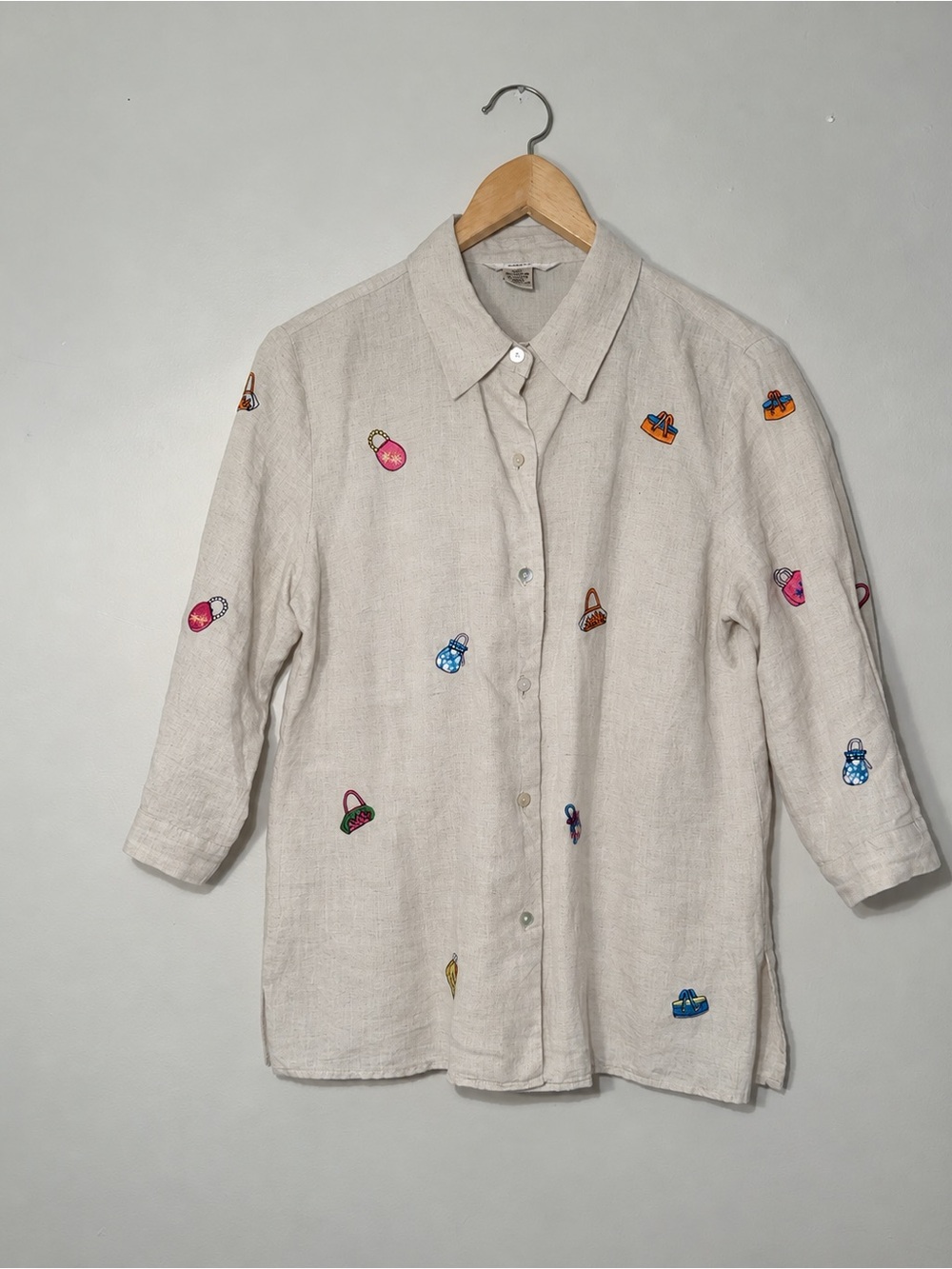 Edward 100% Irish Linen Embroidered Handbag Button Down Shirt M